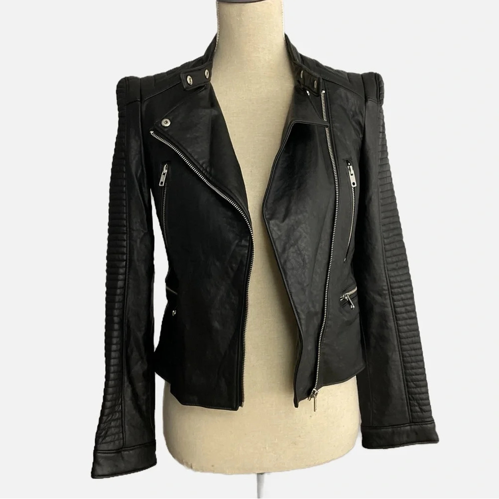 Zara Basic Outerwear Faux Leather Moto Jacket Black Silver Zipper Size XS